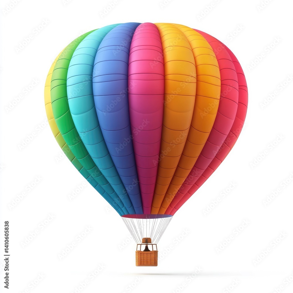 Fototapeta premium Colorful hot air balloon floats against a pure white background.
