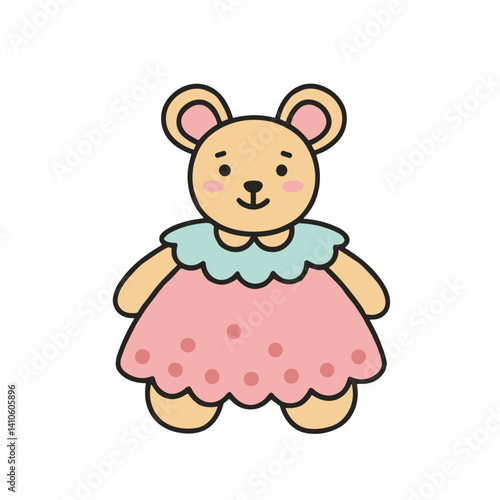 Adorable cartoon teddy bear in a dress icon for children’s games, storybooks, or educational apps. Perfect for illustrating toys, characters, or pretend play in a sweet and friendly style.