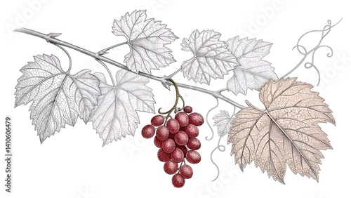 Detailed Vintage Grape Illustration With Leaves And Vine On White Background