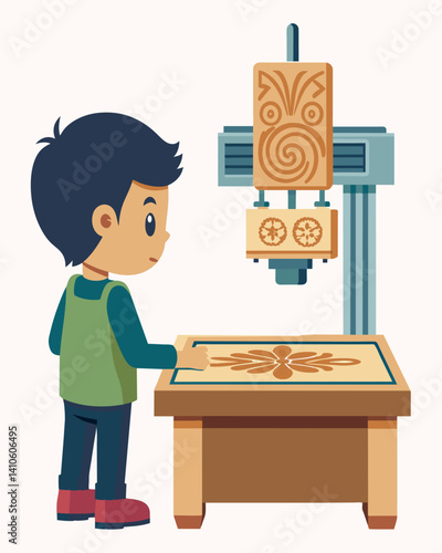 A child patiently waiting for their turn at the CNC router watching in awe as it carves intricate designs into a block of wood.. Vector illustration