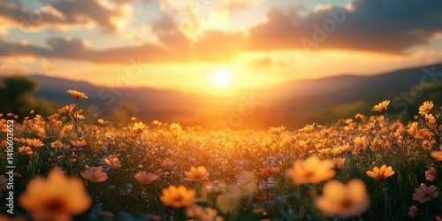 Fototapeta Naklejka Na Ścianę i Meble -  Beautiful golden sunset over a blooming wildflower field in springtime with vibrant colors and mountains in the background