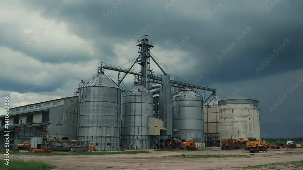 Agricultural storage facility with metal silos against a stormy, overcast sky, farm equipment visible Agricultural storage facility with metal silos against a stormy, overcast sky, farm equipment visible