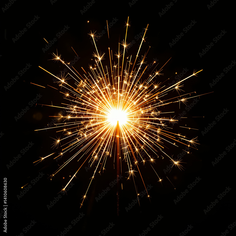 Obraz premium A sparkler, centrally positioned, is bursting with bright, golden-yellow sparks against a completely black background. The sparks radiate outward in various directions, creating a starburst effect. 