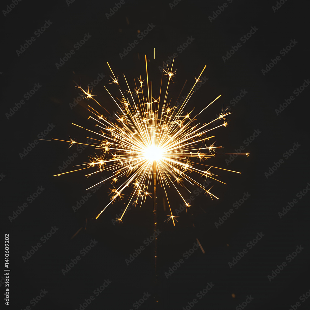 A sparkler, centrally positioned, is bursting with bright, golden-yellow sparks against a completely black background. The sparks radiate outward in various directions, creating a starburst effect. A sparkler, centrally positioned, is bursting with bright, golden-yellow sparks against a completely black background. The sparks radiate outward in various directions, creating a starburst effect.