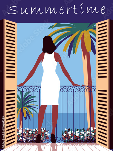 Summer seascape with woman on balcony in foreground and palm trees and sea in background. Handmade drawing sketch vector illustration.