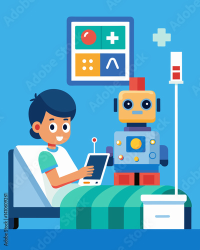 A child in a hospital bed learning how to code and control a small robot using blockbased programming as part of a theutic program.. Vector illustration