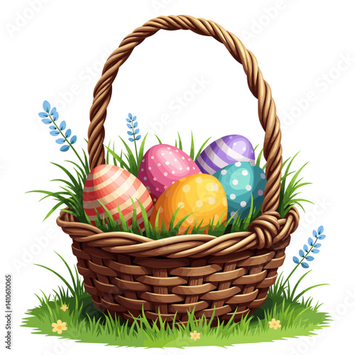 Colorful Easter eggs in a woven basket on green grass