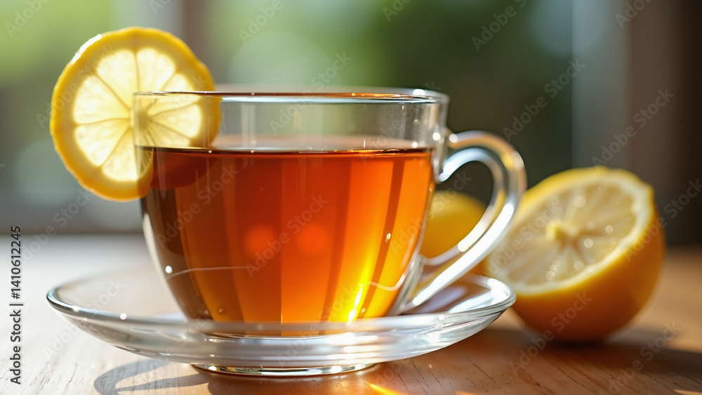 A cup of tea with lemon and honey. A cup of tea with lemon and honey.