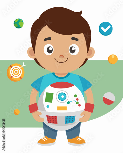 A child proudly shows off their Ozobot decorated with stickers and markers that they have programmed to follow a specific route around the room.. Vector illustration