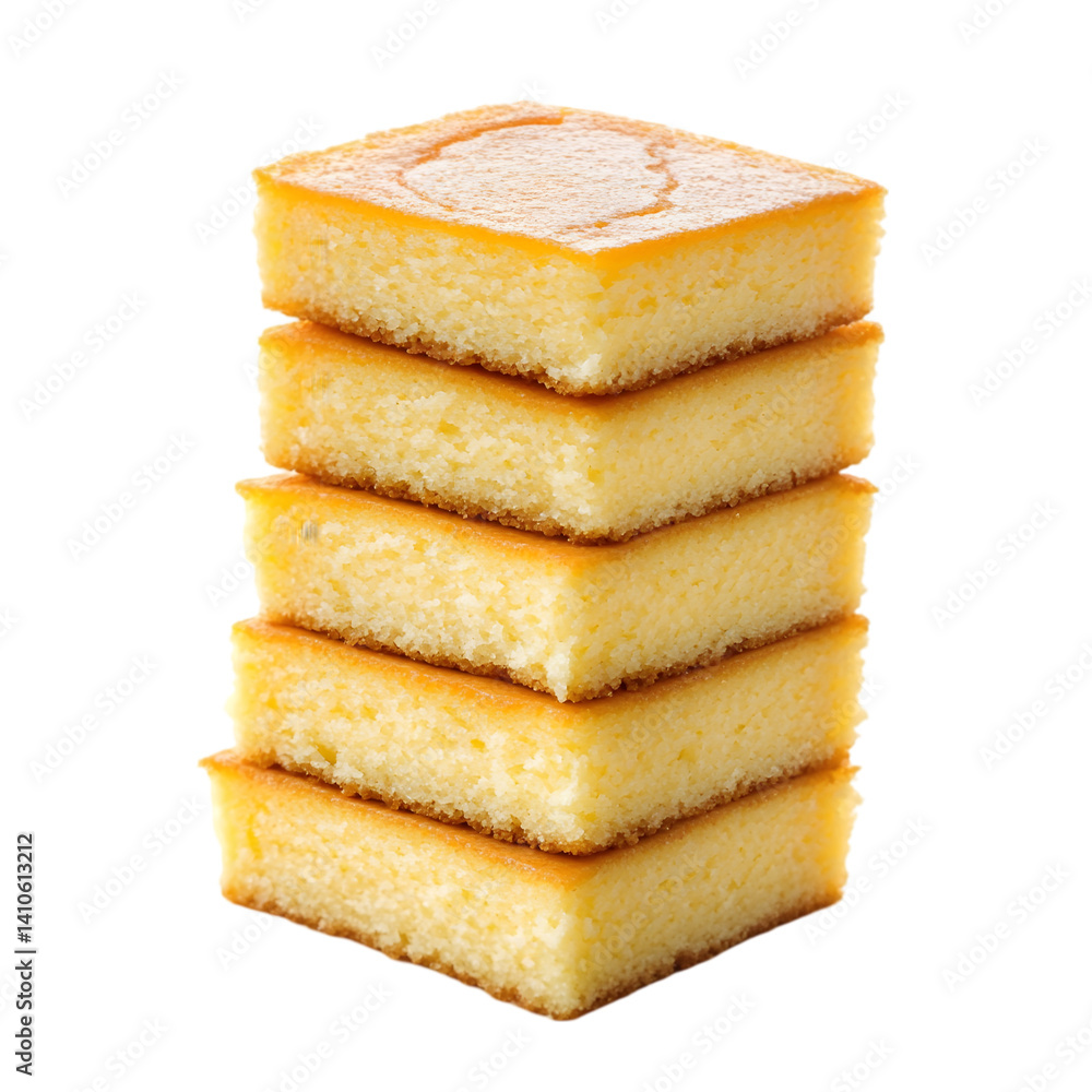 A vertical stack of five square cut pieces of cake with a golden color on a black background plain view A vertical stack of five square cut pieces of cake with a golden color on a black background plain view