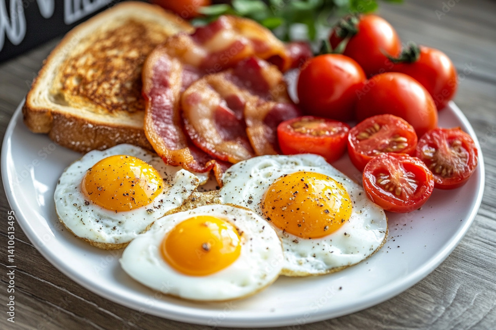 English breakfast with fried eggs, fried bacon, toast and tomatoes on a white plate English breakfast with fried eggs, fried bacon, toast and tomatoes on a white plate