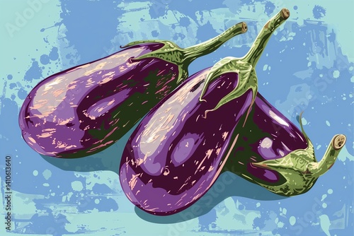 3 eggplants on a blue pastel background