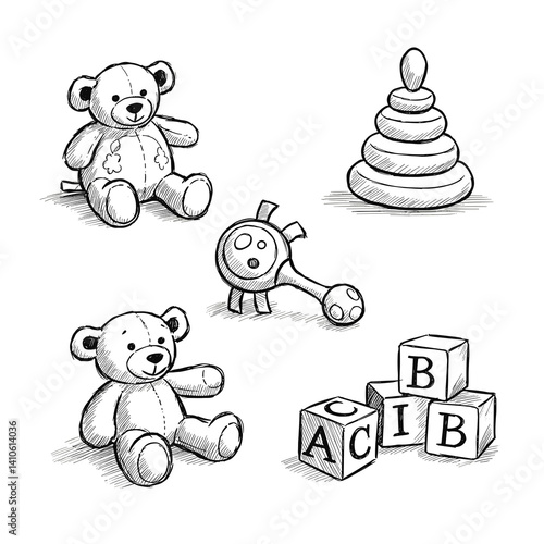 Baby toys illustrated in a playful, black and white style  