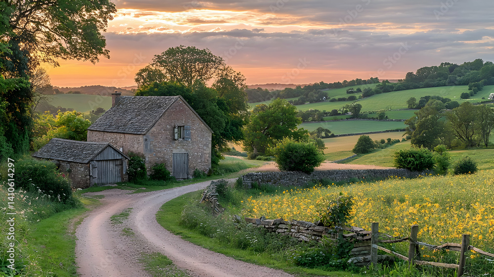 Obraz premium Scenic Country Road At Sunset With Stone Cottage And Sunflowers