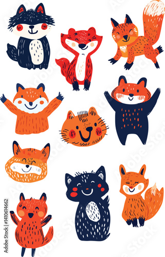 set of funny cute drawn animals foxes