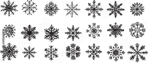 set of vintage rubber stamps of inky snowflakes