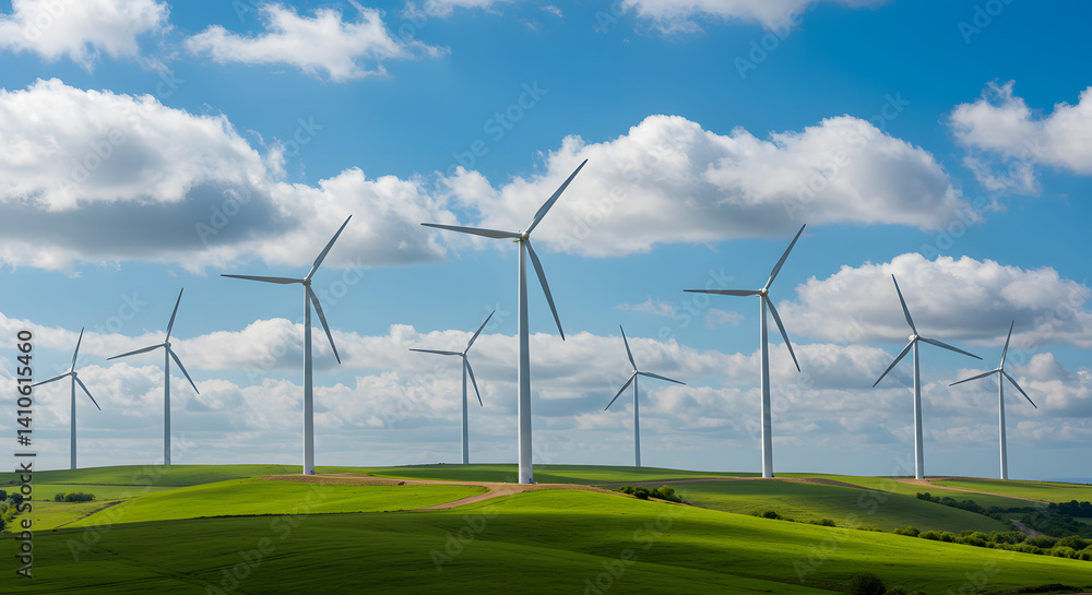 Wind turbines on a green field set against a vibrant blue sky with fluffy clouds. Wind turbines on a green field set against a vibrant blue sky with fluffy clouds.