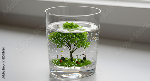 Miniature world inside a glass of water. A magical tiny green ecosystem.