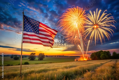 Flag blowing in wind with fireworks in distance

