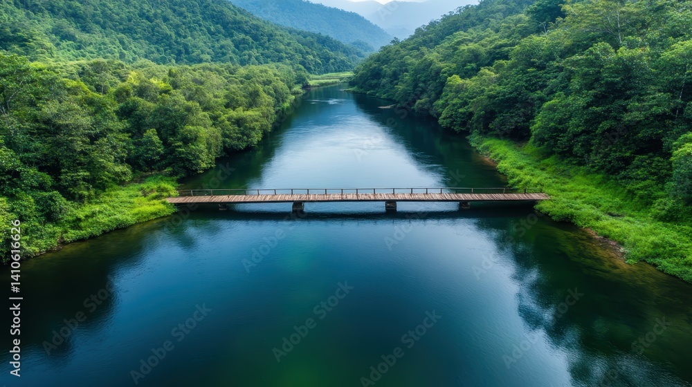 A serene wooden bridge spans an emerald river, surrounded by lush greenery, highlighting the harmony between nature and human construction in a tranquil setting. A serene wooden bridge spans an emerald river, surrounded by lush greenery, highlighting the harmony between nature and human construction in a tranquil setting.