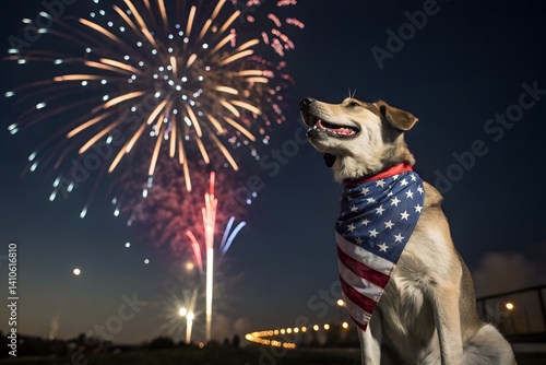 Dog in stars-and-stripes bandana with fireworks behind