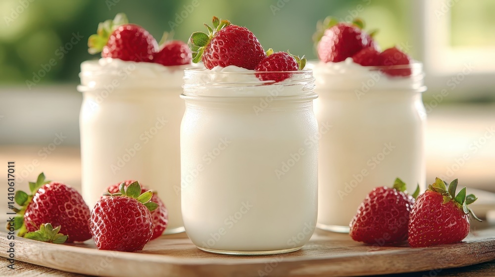 This image showcases jars of creamy yogurt topped with fresh strawberries, arranged beautifully on a wooden tray, perfect for a delightful and healthy dessert display. This image showcases jars of creamy yogurt topped with fresh strawberries, arranged beautifully on a wooden tray, perfect for a delightful and healthy dessert display.