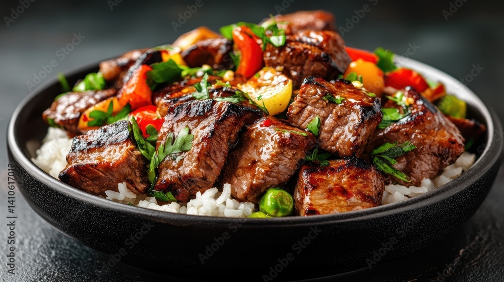 A delicious composition of juicy grilled beef, served on fluffy rice with a medley of colorful bell peppers, creating a visually appealing dish that invites hearty enjoyment. A delicious composition of juicy grilled beef, served on fluffy rice with a medley of colorful bell peppers, creating a visually appealing dish that invites hearty enjoyment.