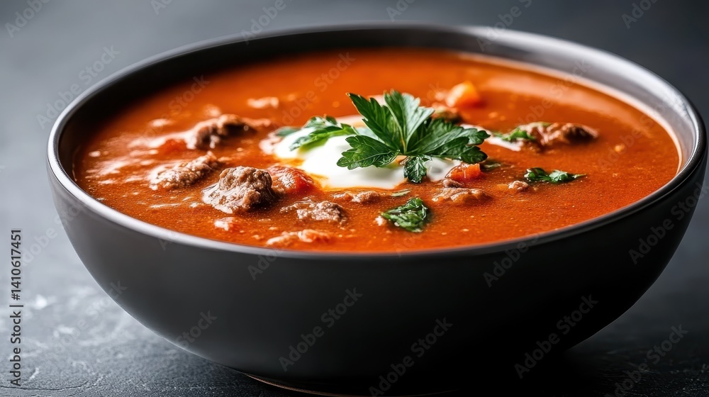 A rich and spicy meat soup garnished with cream and fresh herbs, designed to tantalize taste buds with its bold flavors and inviting appearance, perfect for a hearty meal. A rich and spicy meat soup garnished with cream and fresh herbs, designed to tantalize taste buds with its bold flavors and inviting appearance, perfect for a hearty meal.