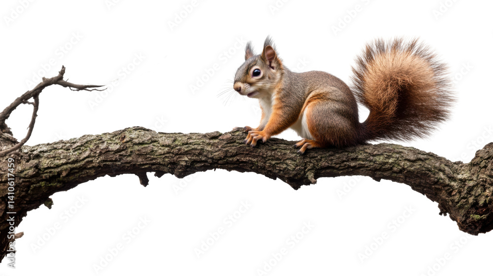 Fototapeta premium Cute Squirrel on Tree Branch Isolated on Clean White Background – Woodland Wildlife Scene Featuring Small Forest Animal in Natural Pose for Nature and Animal-Themed Concepts
