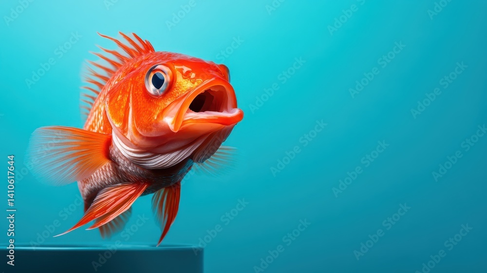 A vibrant orange fish, with striking features and fins, swimming gracefully in a bright blue backdrop that represents the beauty and serenity of underwater life. A vibrant orange fish, with striking features and fins, swimming gracefully in a bright blue backdrop that represents the beauty and serenity of underwater life.