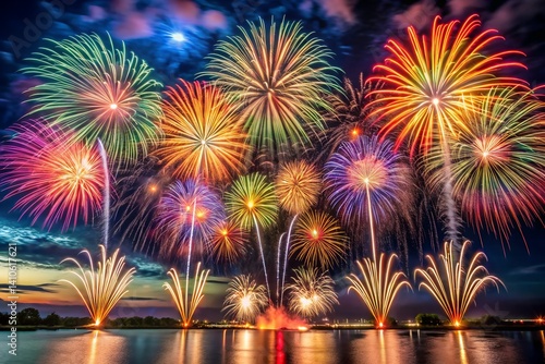 Long-exposure of fireworks bursting in the night sky