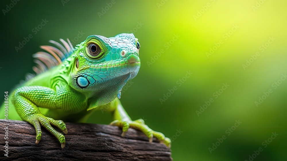 Fototapeta premium This stunning image showcases a vibrant green lizard perched on a log, highlighting its intricate details and textures against a beautifully blurred natural background.