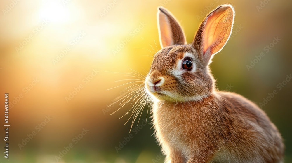 Obraz premium A beautiful rabbit sits gracefully in a sunlit meadow, showcasing its soft fur and attentive expression, embodying the essence of nature and innocence in wildlife.