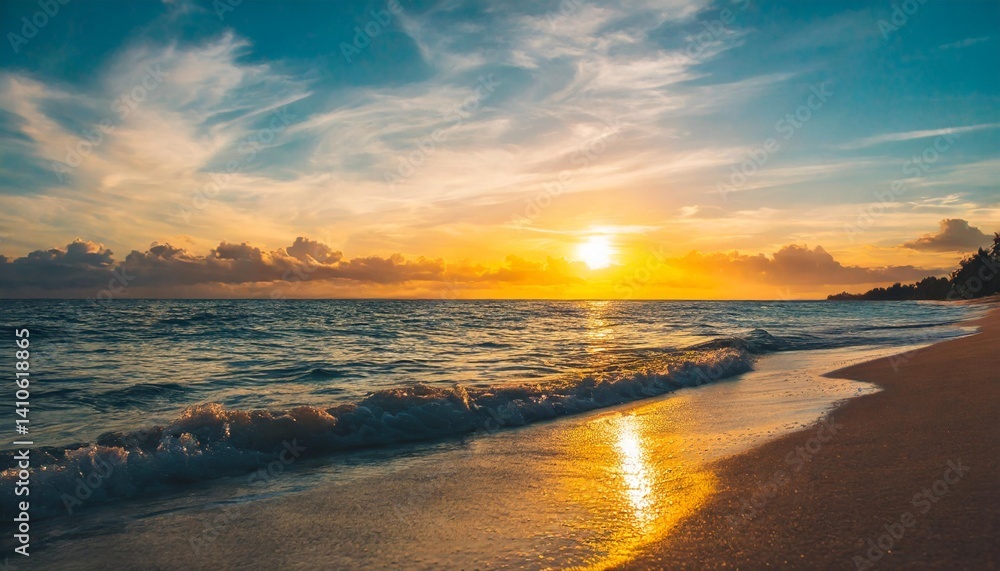 Naklejka premium Tropical Sunset Glow in Relaxing Beach Photography Style