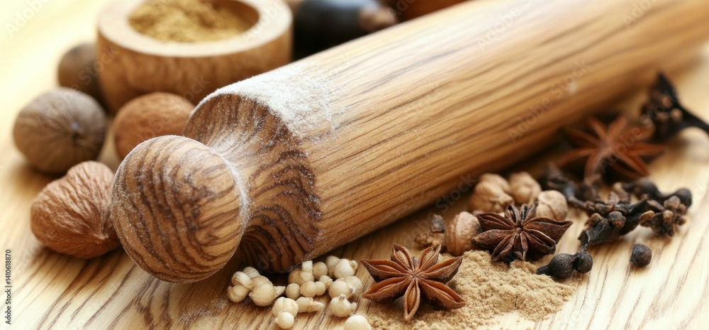 Wooden rolling pin with spices on a wooden surface Wooden rolling pin with spices on a wooden surface
