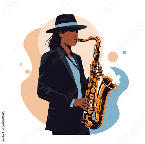 Saxophonist female passionate playing jazz saxophone instrument simple background