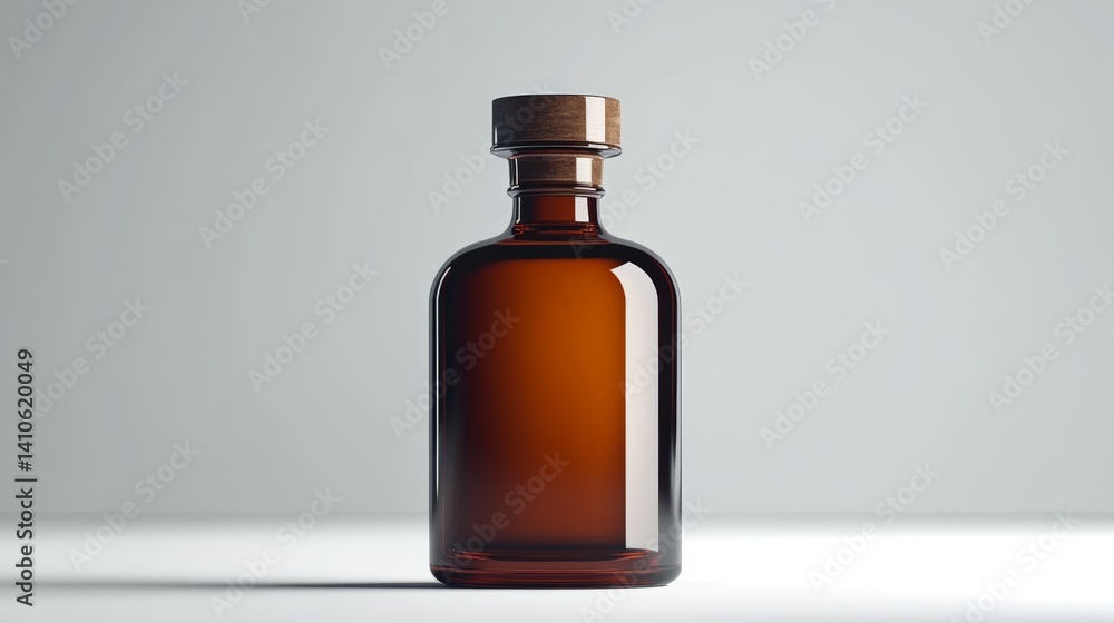Elegant brown glass bottle with wood cap on minimalist background Elegant brown glass bottle with wood cap on minimalist background