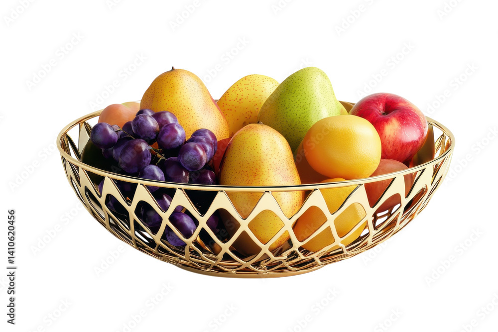 Elegant gold fruit bowl filled with pears grapes and apples rich tones black background Elegant gold fruit bowl filled with pears grapes and apples rich tones black background