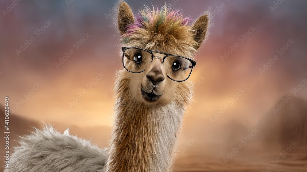 Naklejka premium Funny llama with colorful hair wearing glasses, humorous portrait in desert sunset, stylish hipster vibe, animal fashion photography concept.