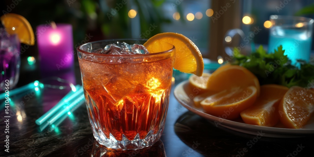 Cocktail served with fresh orange slices and vibrant colors at a cozy evening gathering Cocktail served with fresh orange slices and vibrant colors at a cozy evening gathering