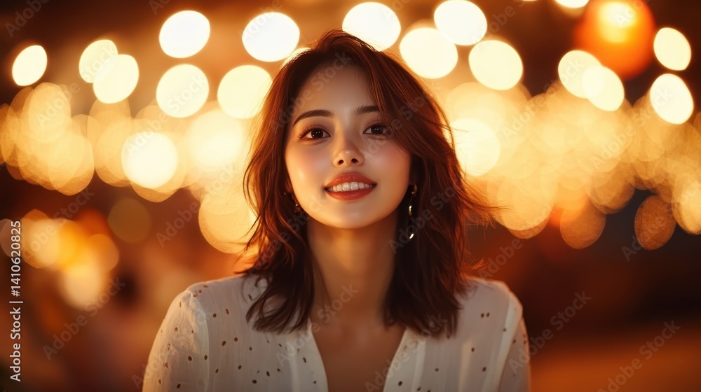 A captivating portrait of a smiling woman surrounded by soft glowing lights, showcasing warmth, personality, and the essence of joy in a joyful, artistic atmosphere. A captivating portrait of a smiling woman surrounded by soft glowing lights, showcasing warmth, personality, and the essence of joy in a joyful, artistic atmosphere.