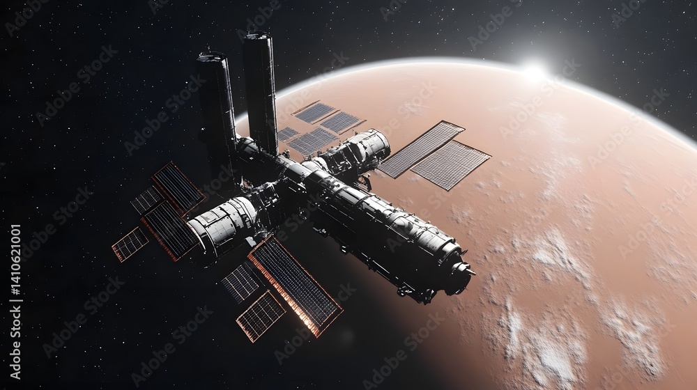 Obraz premium Space Station Orbiting Mars: A detailed depiction of a state-of-the-art space station gracefully orbiting the planet Mars, a symbol of humanity's pioneering spirit in the vast cosmos.