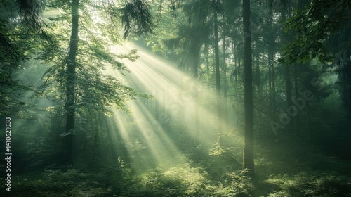 Radiant Sunlight Filters Through a Dense Lush Green Forest