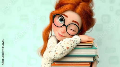 Animated redhead winks while resting her head on a stack of colorful books. Cute!