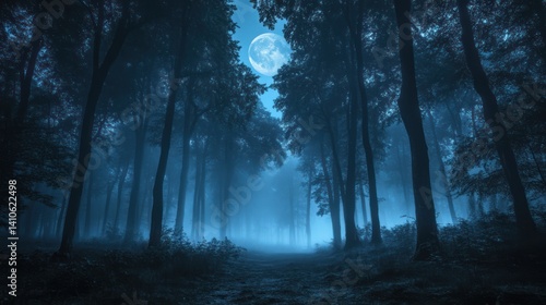 A beautiful full moon shines through the dark forest at night