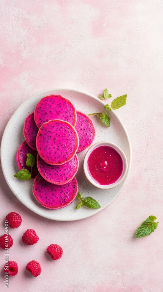 Close-up of pink pancakes with vibrant dragonfruit and fresh mint. Artistic styling creates a trendy and airy food composition ideal for modern menus. Close-up of pink pancakes with vibrant dragonfruit and fresh mint. Artistic styling creates a trendy and airy food composition ideal for modern menus.