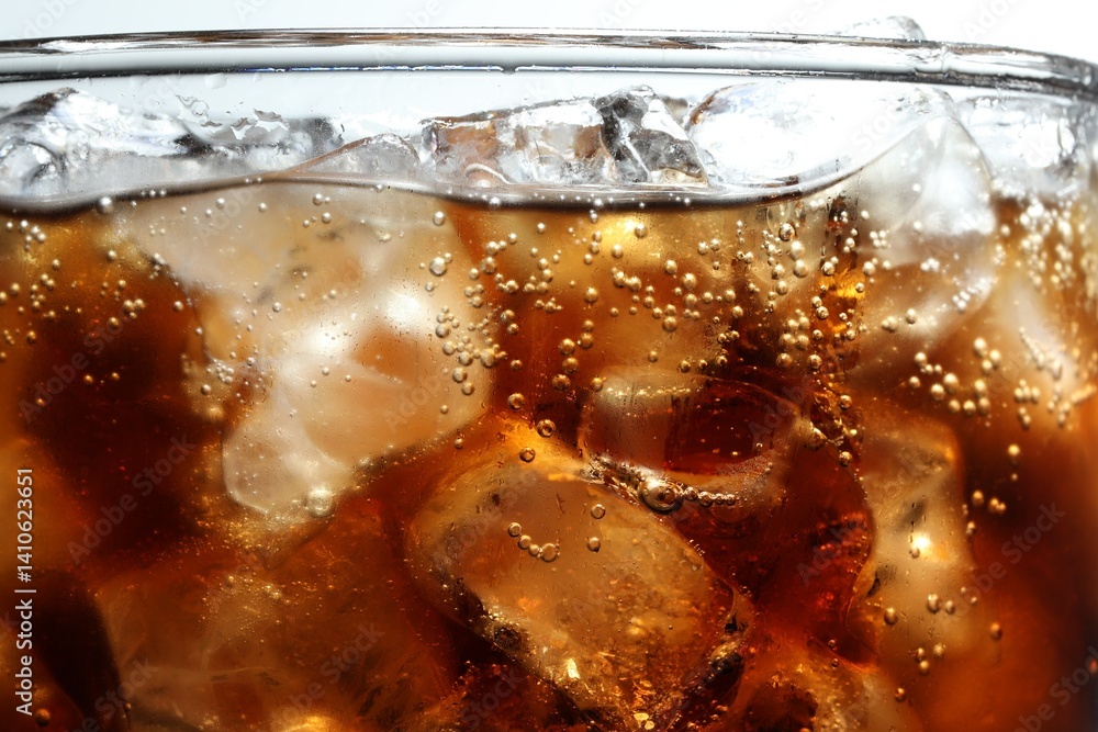 Refreshing cola with ice in glass, macro view Refreshing cola with ice in glass, macro view