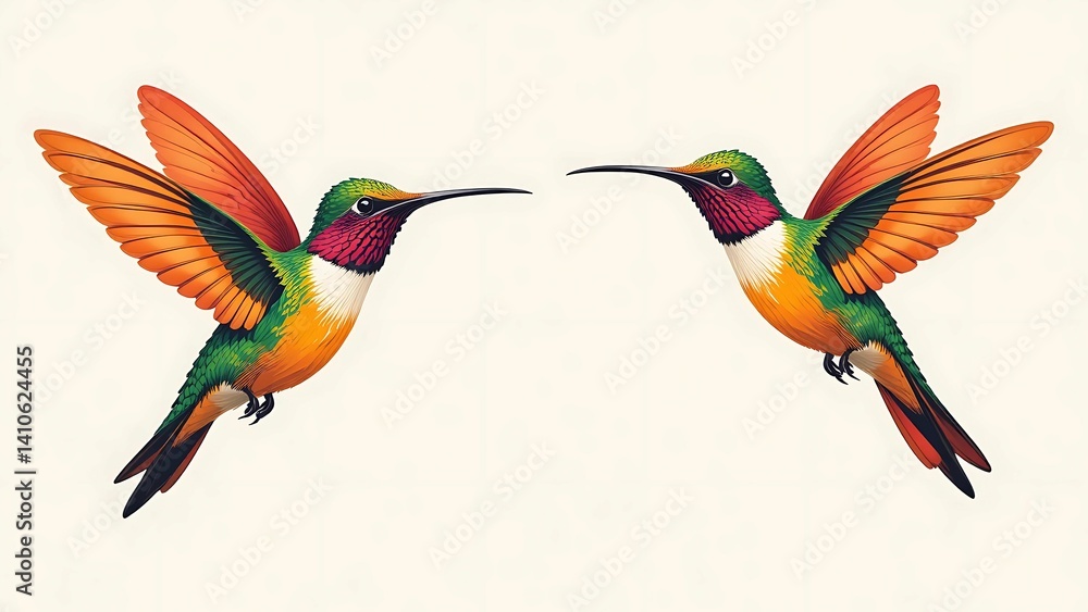 Obraz premium Colorful Hummingbird Vector Illustration in Flight with Spread Wings, White Background