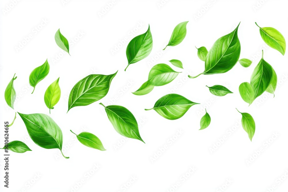 Scattered green leaves on white isolated on white background Scattered green leaves on white isolated on white background