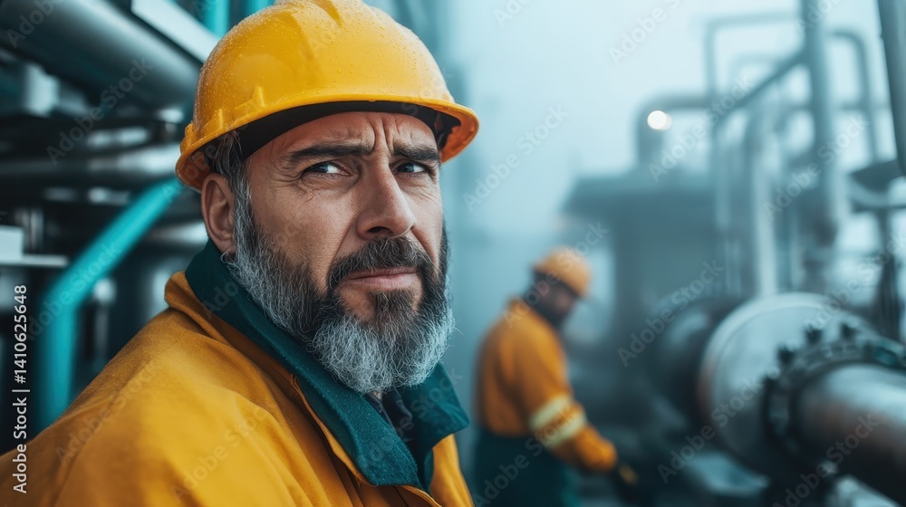 A serious construction worker in a yellow hard hat stares into the camera, representing diligence and responsibility in an industrial setting filled with machinery and fog. A serious construction worker in a yellow hard hat stares into the camera, representing diligence and responsibility in an industrial setting filled with machinery and fog.